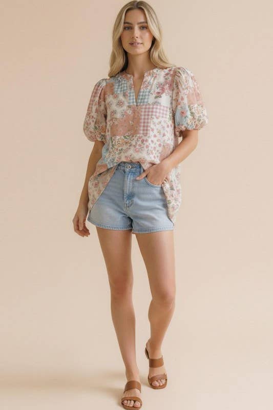 Plus Notch Neck Puff Sleeve Floral Patchwork Top