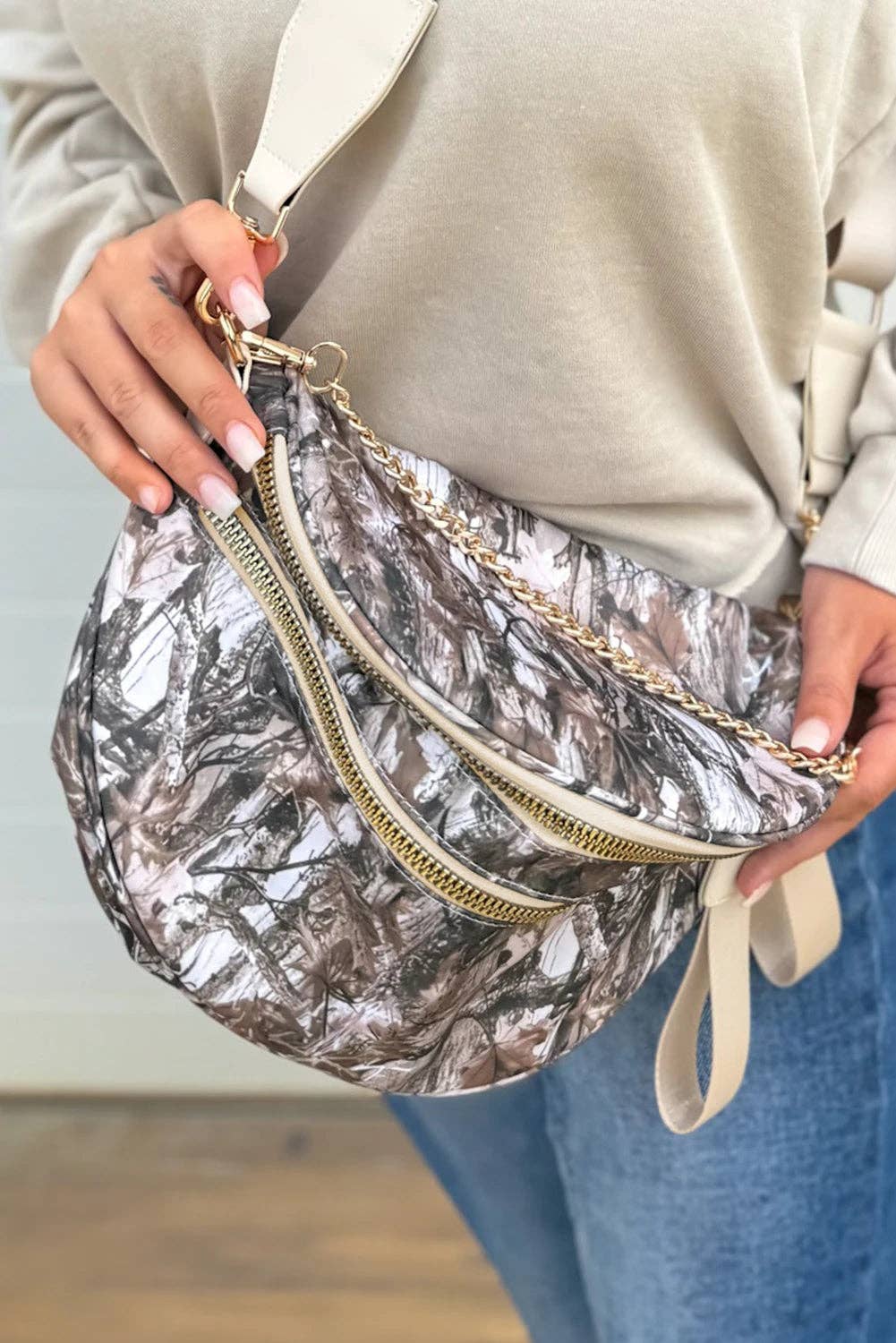 Camo Print Crossbody Shoulder Bag with Gold Chain Detail