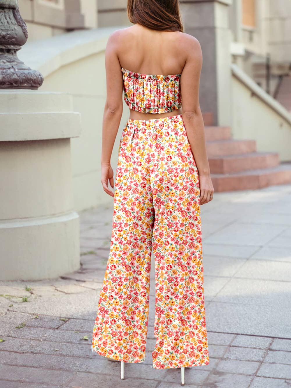 Boho Floral Bandeau Top and High Waist Wide Leg Pants Set