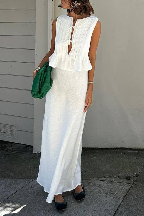 Viral top lace up bow tie front Pleated tank top