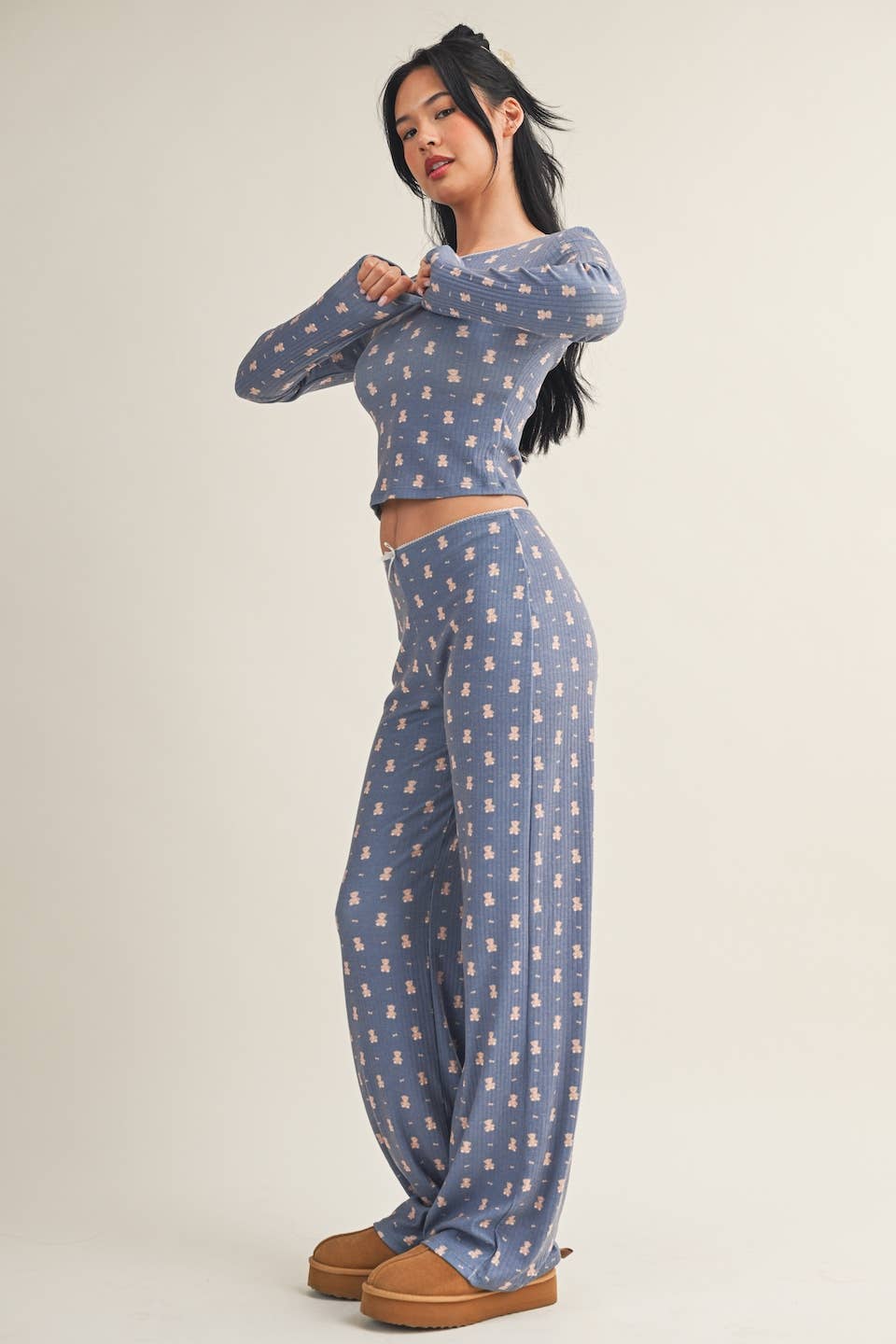 Crewneck Teddy Bear Print Pointelle Lounge Set