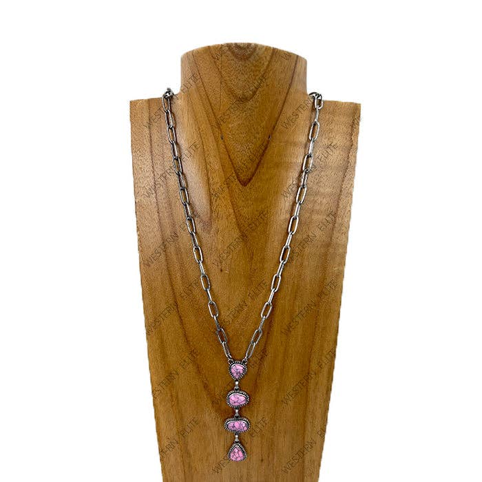 22'' Inches silver metal chain with Light pink stone bar Necklace