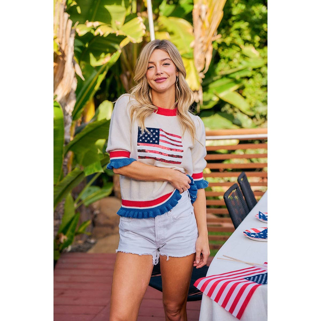 4TH OF JULY SEQUIN AMERICA FLAG RUFFLE KNIT TOP
