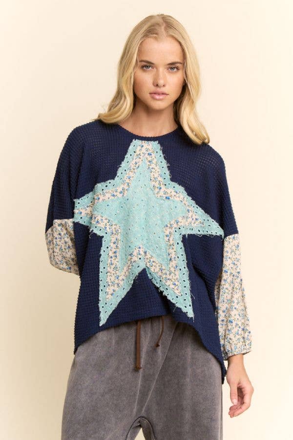 MULTI STAR PATCHWORK DITSY SLEEVE WAFFLE KNIT TOP