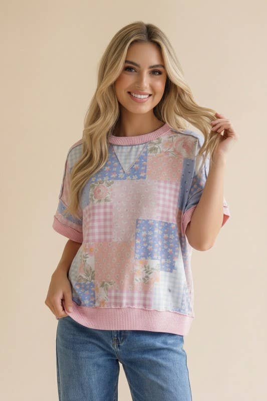 Plus Floral Patchwork Top With Triangle Detail
