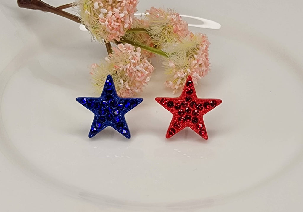 BLUE AND RED STAR POST EARRINGS.