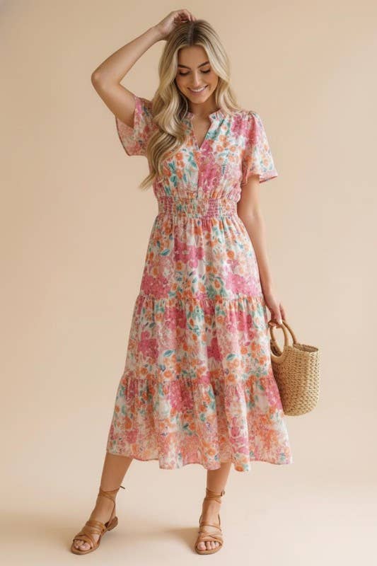Notch Neck Smocked Waist Maxi Floral Dress