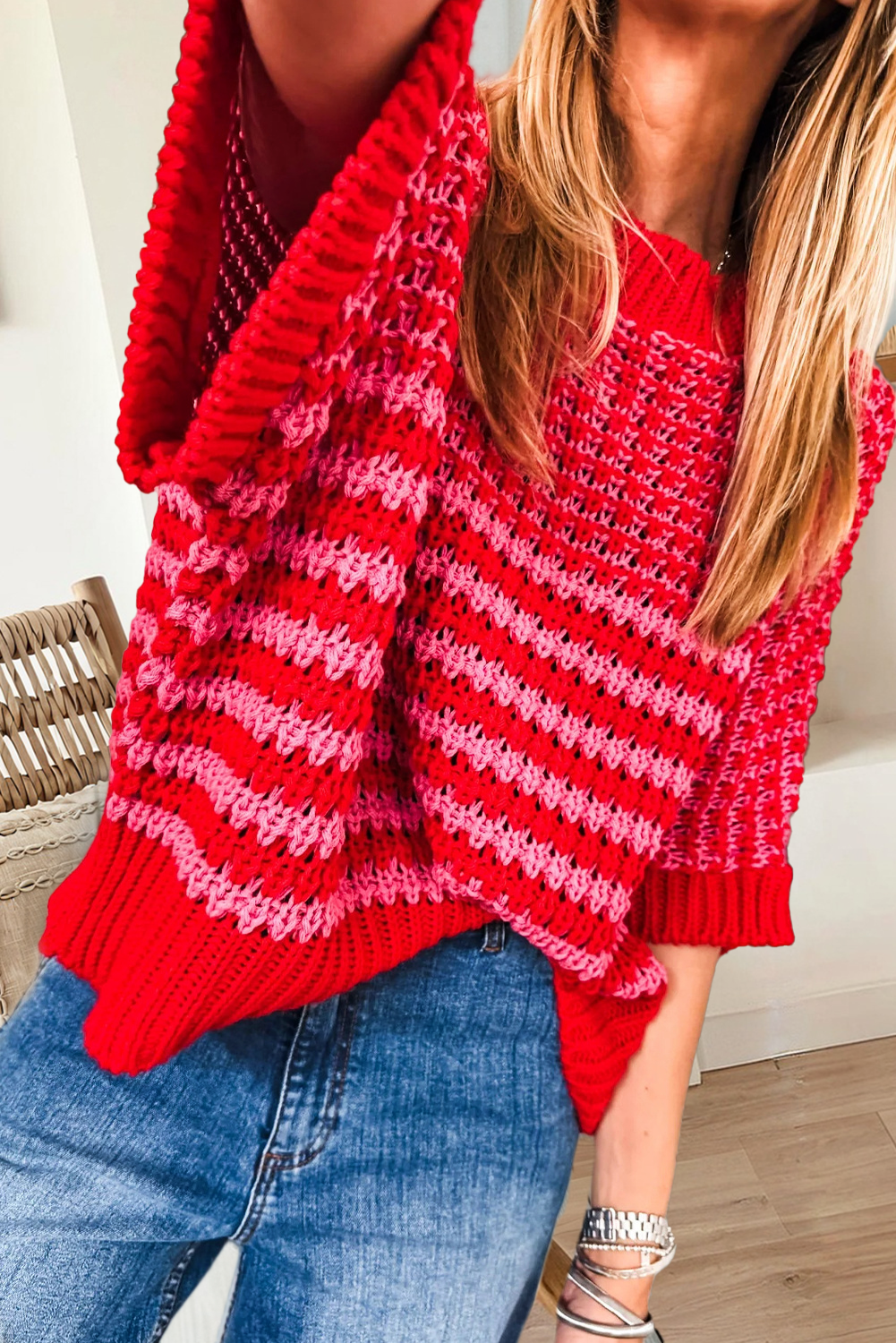 Spring 2026 Stripe 3/4 Draped Sleeve Slouchy Sweater