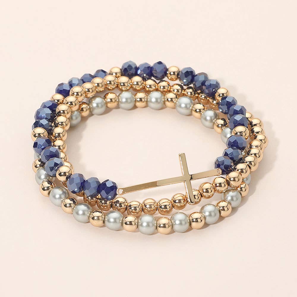 3PCS - Cross Charm Pearl Metal Ball Faceted Beaded Stretch Multi Layered Bracelets