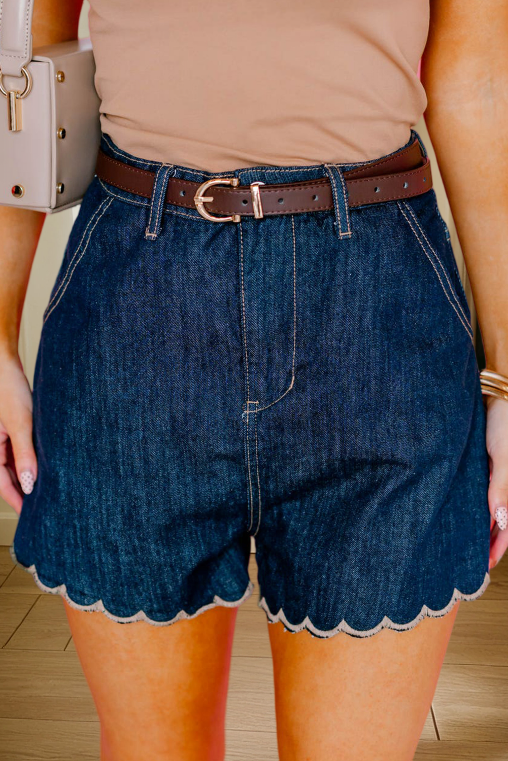 Embroidered Scalloped Trim Relaxed Denim Shorts