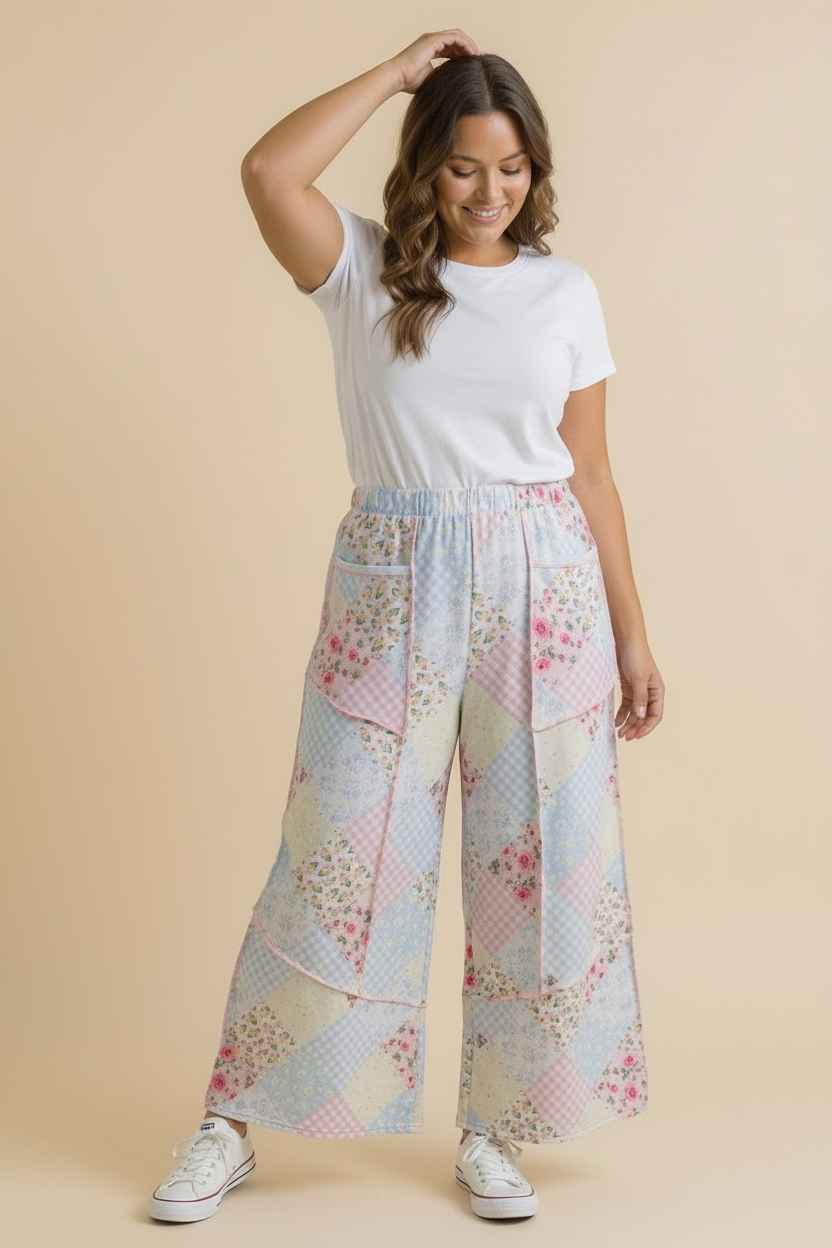 Plus Floral Patchwork Reverse Stitch Wide Leg Pant