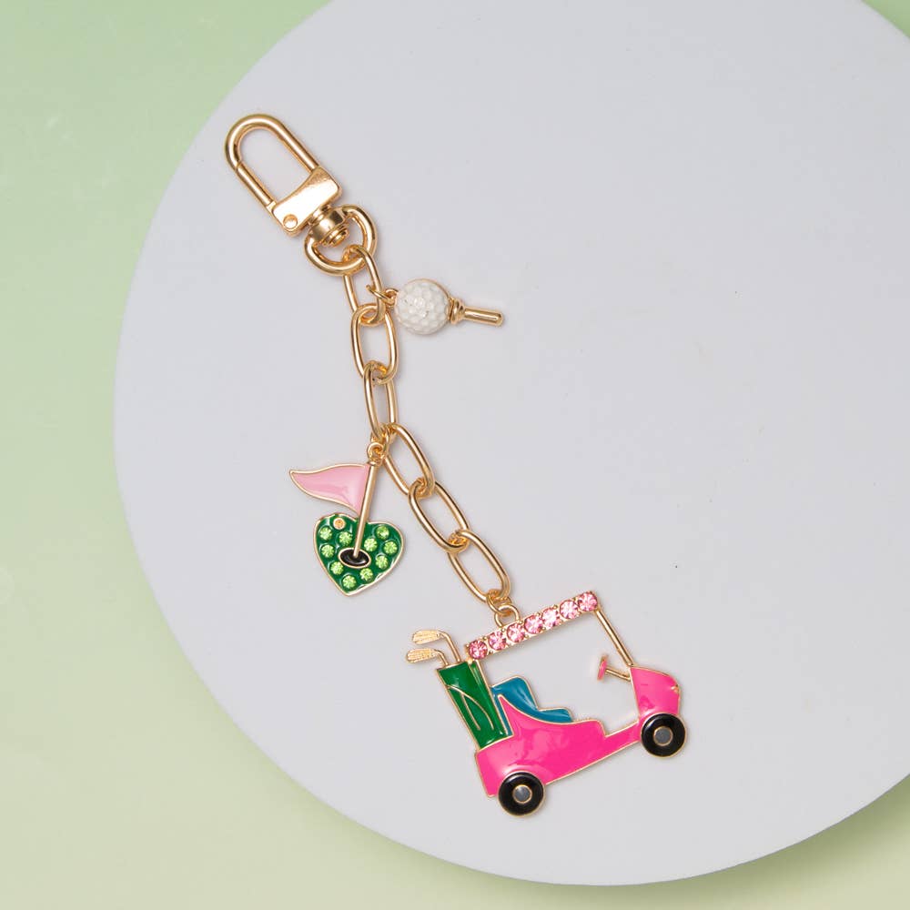Golf Cart with Heart Flag and Tee Charms Bag Charm Keychain