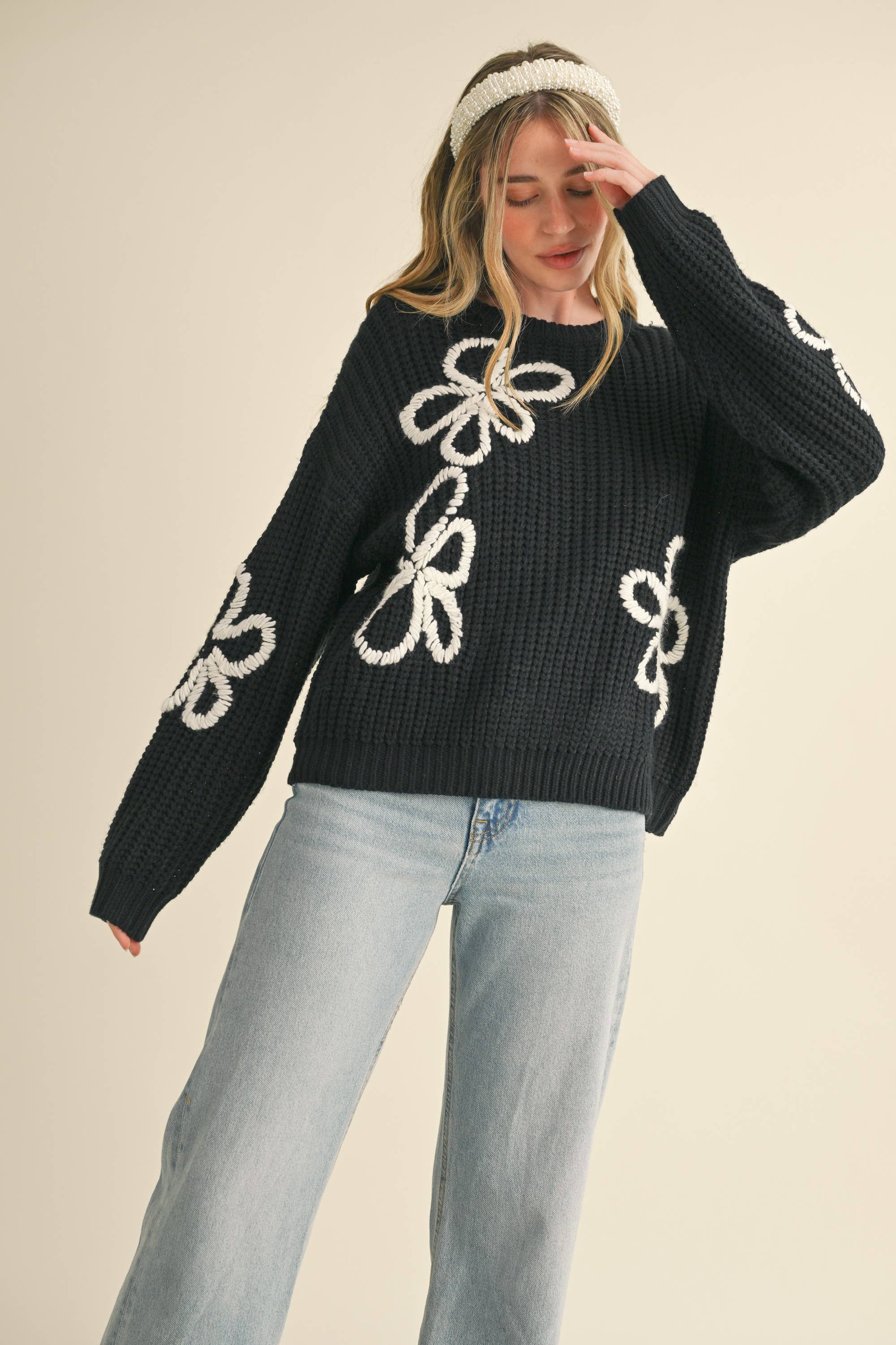 FLORAL CONTRAST STITCH PULLOVER SWEATER