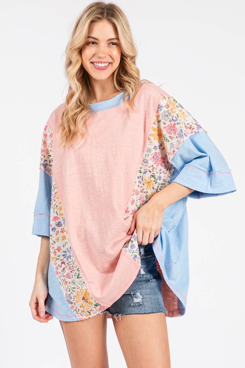 WASHED FLORAL PATCHWORK OVERSIZED CONTRAST TEE