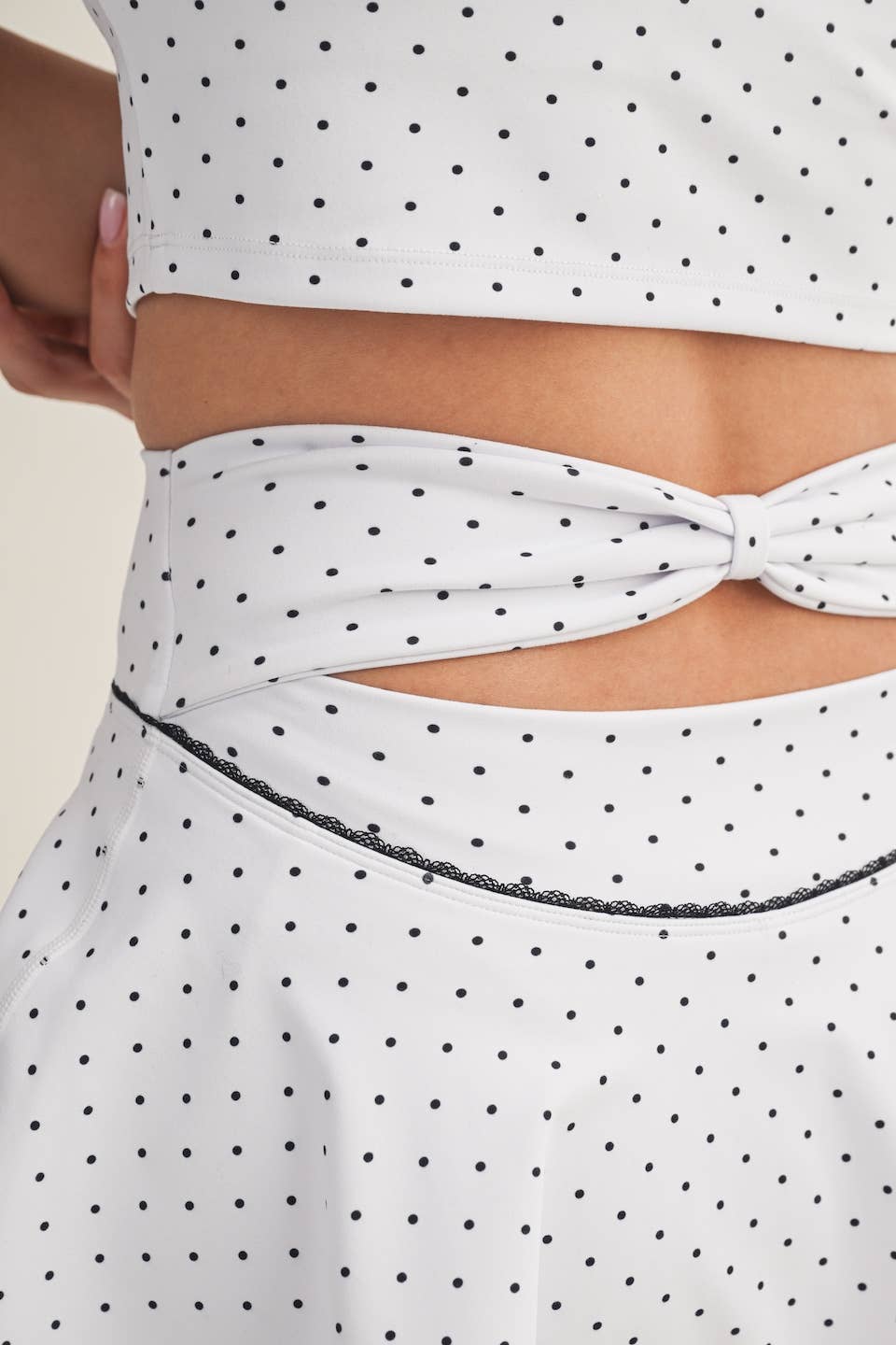 Polka Dot Print Mini Circle Skort with Bow Back and Lace Tri