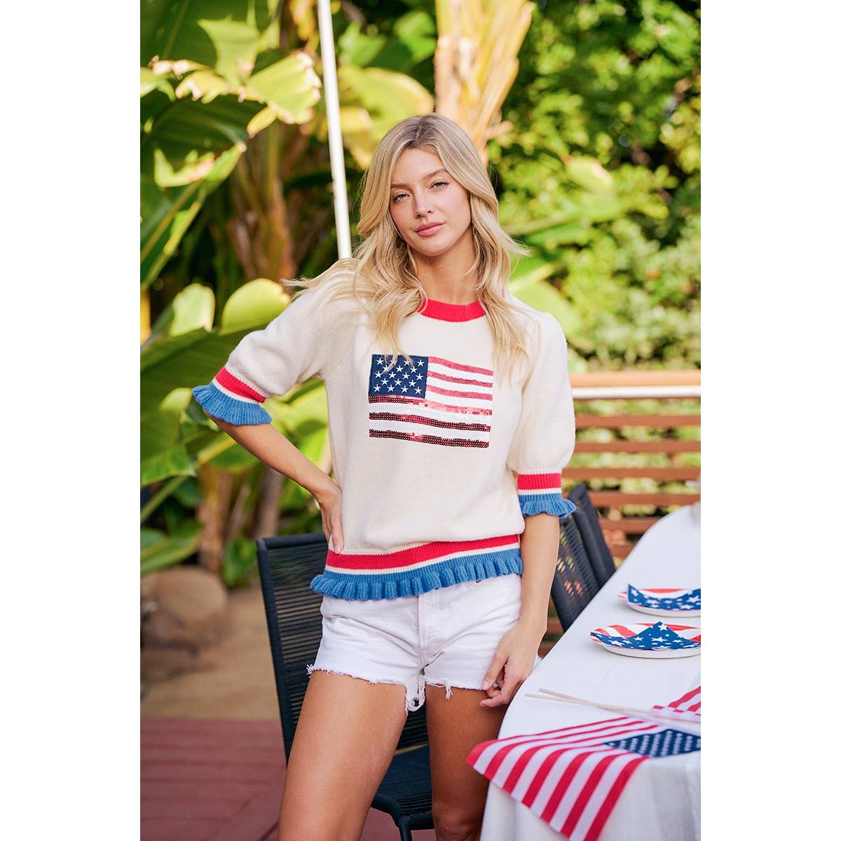 4TH OF JULY SEQUIN AMERICA FLAG RUFFLE KNIT TOP