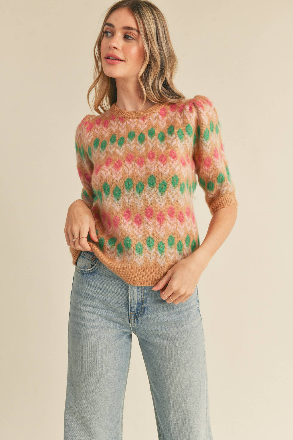 FLORAL KNIT SHORT PUFF SLEEVE SWEATER TOP
