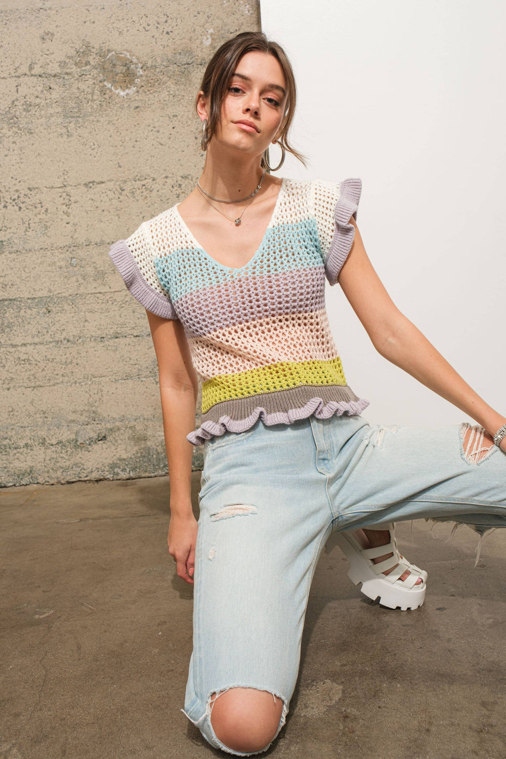 Crochet Knitted Multi Stripe Ruffle SLV Sweater Top