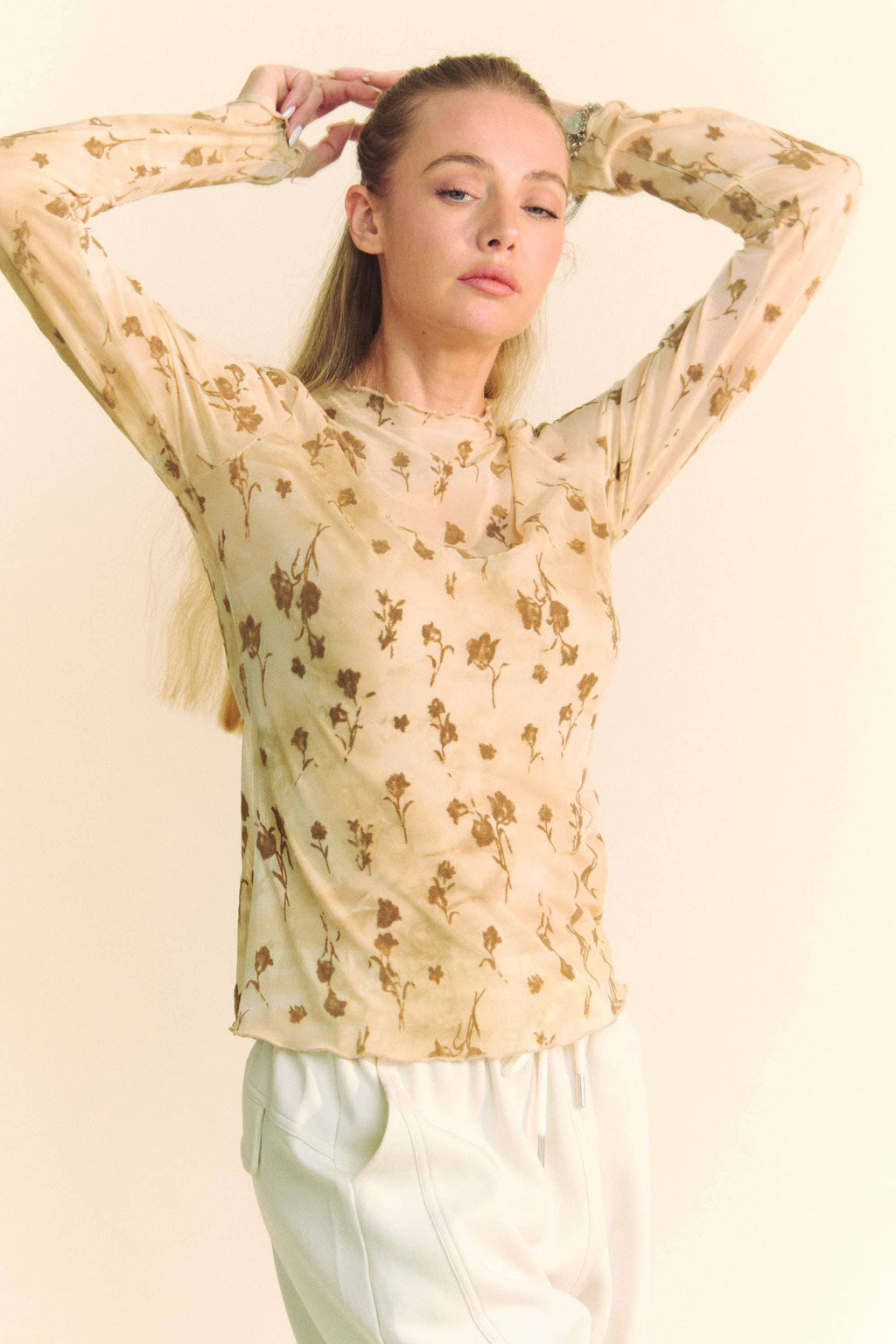 FLORAL MESH LONG SLEEVE SHEER LAYERING TOP