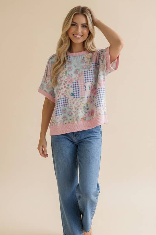 Plus Floral Patchwork Top With Triangle Detail