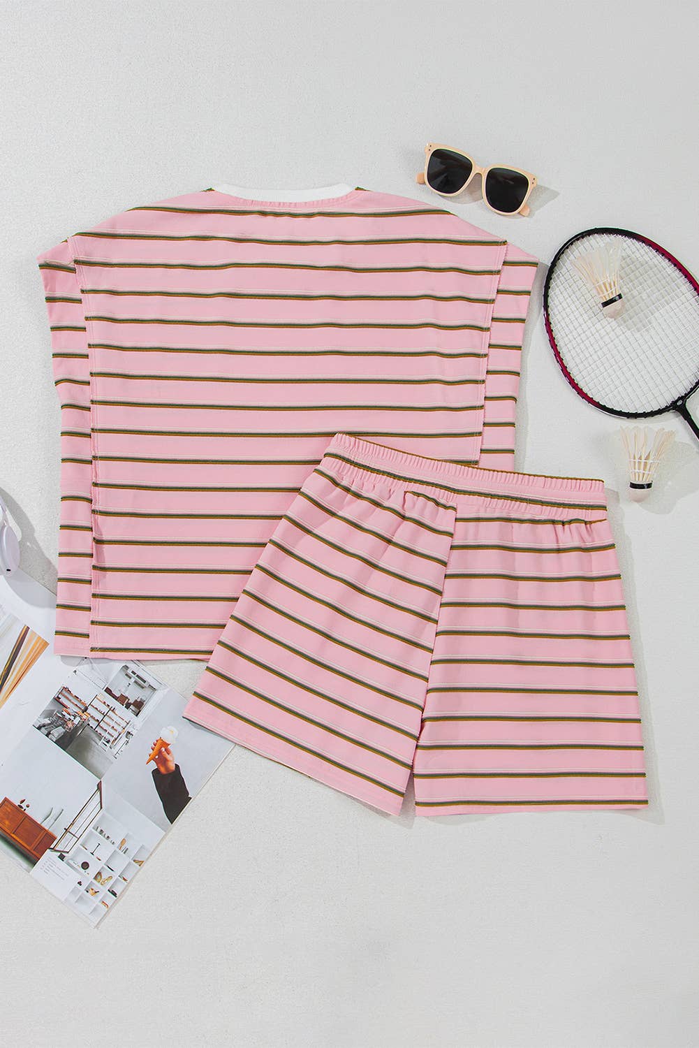 Stripe Crew Neck T Shirt and Drawstring Shorts Set