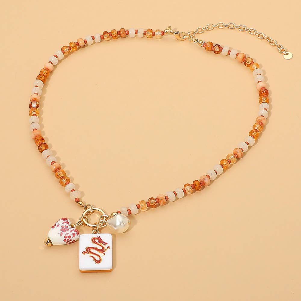 Mahjong Tile Charm Pearl Floral Bead Ball Charm Pendant Beaded Necklace