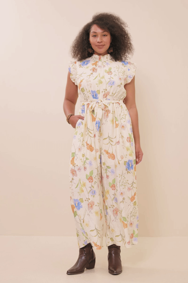 Womens Textured Floral Smock Neck Sleeveless Jumpsuit