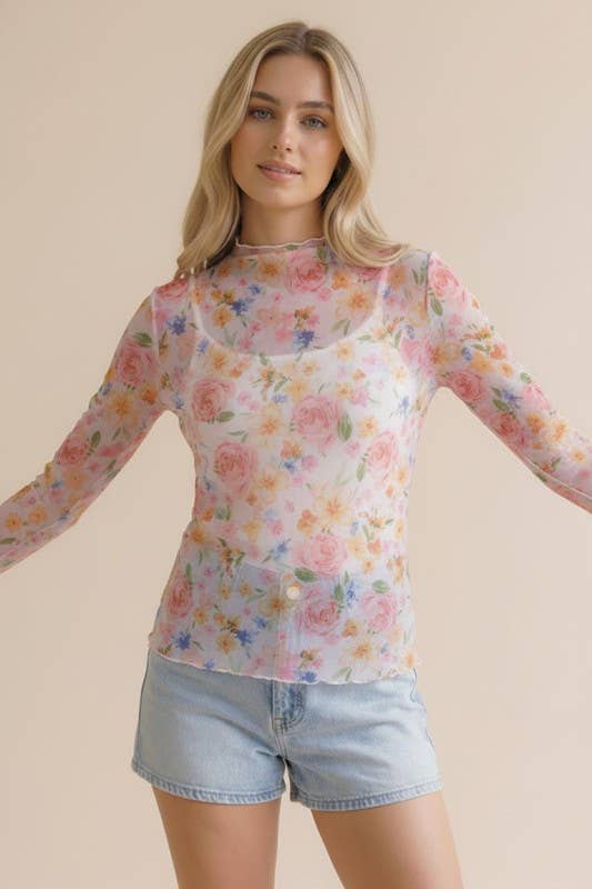 Plus Long Sleeve Floral Esh Semi Sheer Top