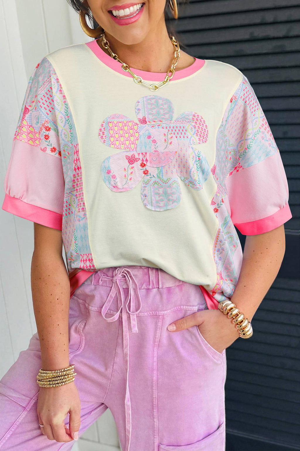 Floral Patchwork Round Neck Short Sleeve T-Shirts