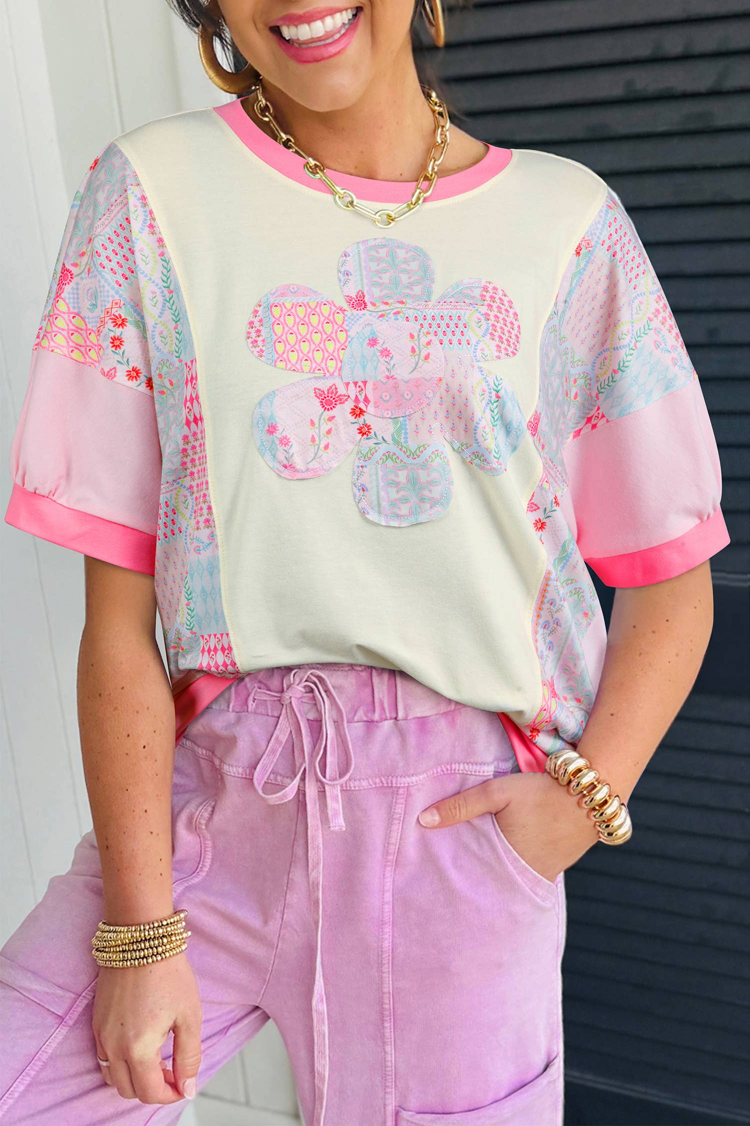 Floral Patchwork Round Neck Short Sleeve T-Shirts