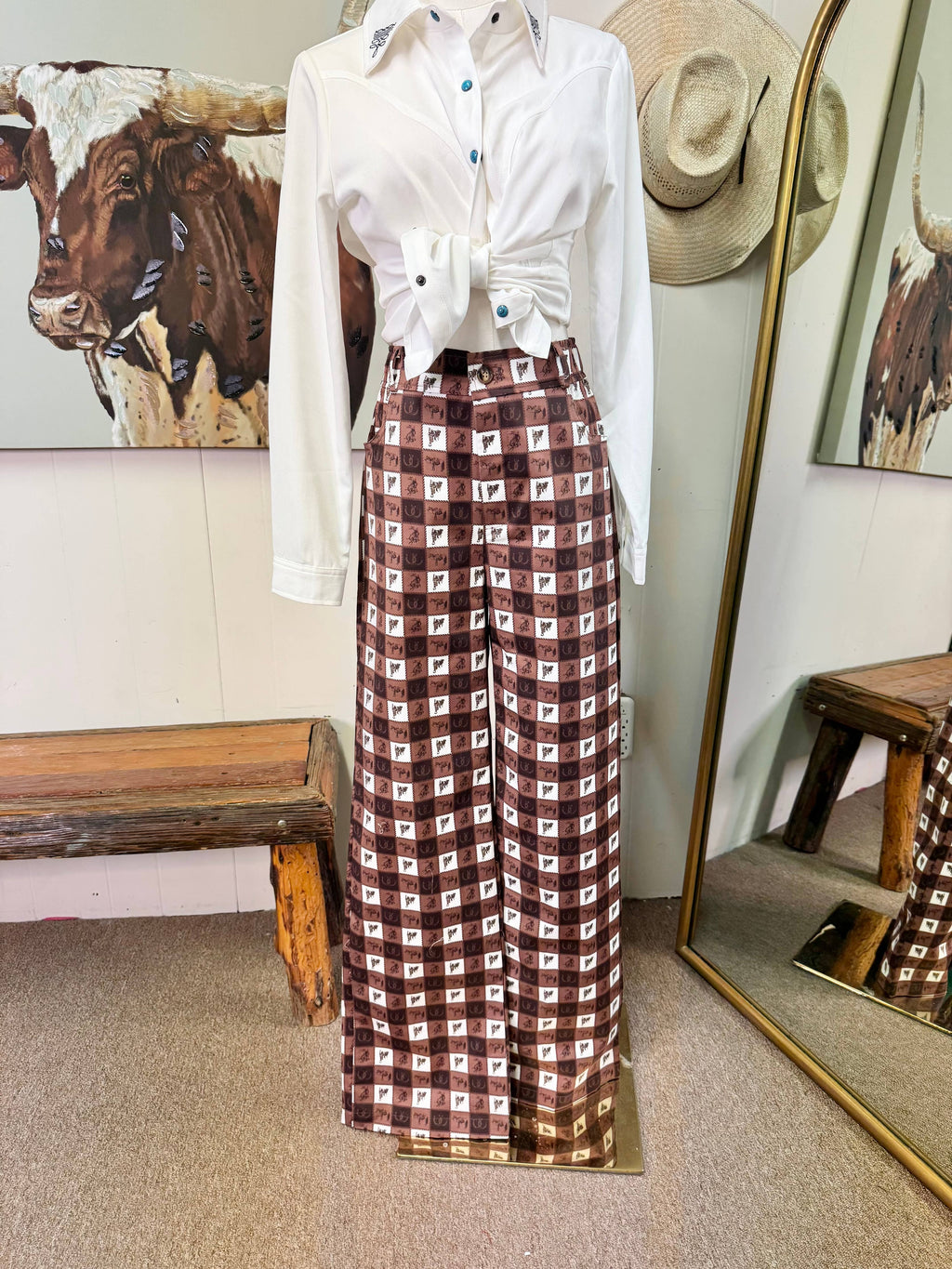 Brown western plaid gingham print pants