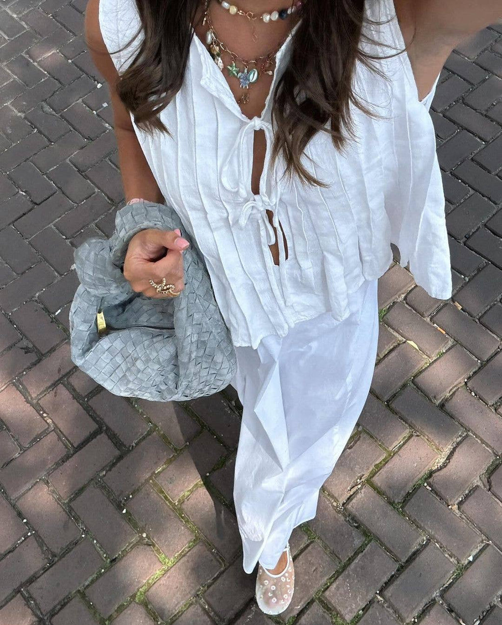 Viral top lace up bow tie front Pleated tank top