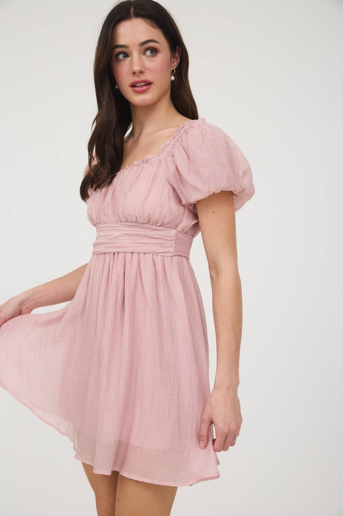 BALLOON SLEEVE RUFFLE TRIM BACK LACE UP MINI DRESS