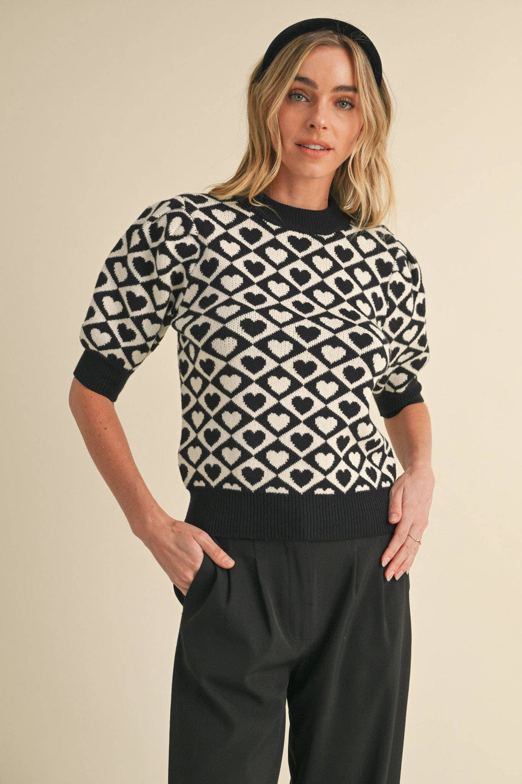 CHECKERED HEART PATTERN SWEATER