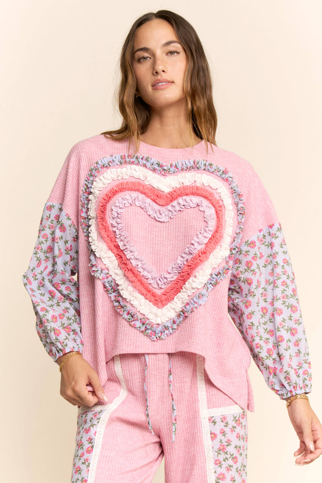 WAFFLE KNIT FLOWER PRINT LACE ELASTIC WAIST PANT