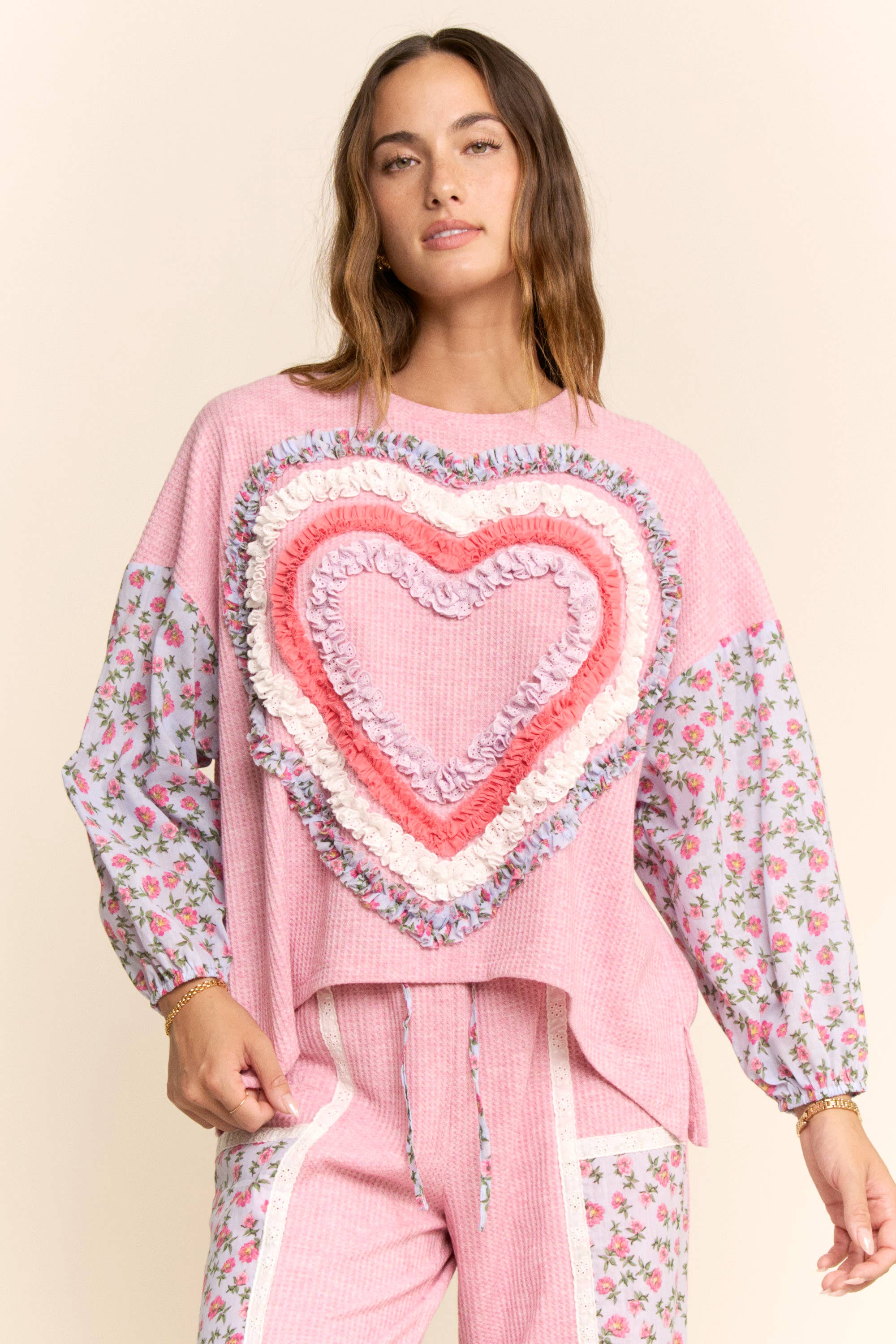 WAFFLE KNIT FLOWER PRINT LACE ELASTIC WAIST PANT