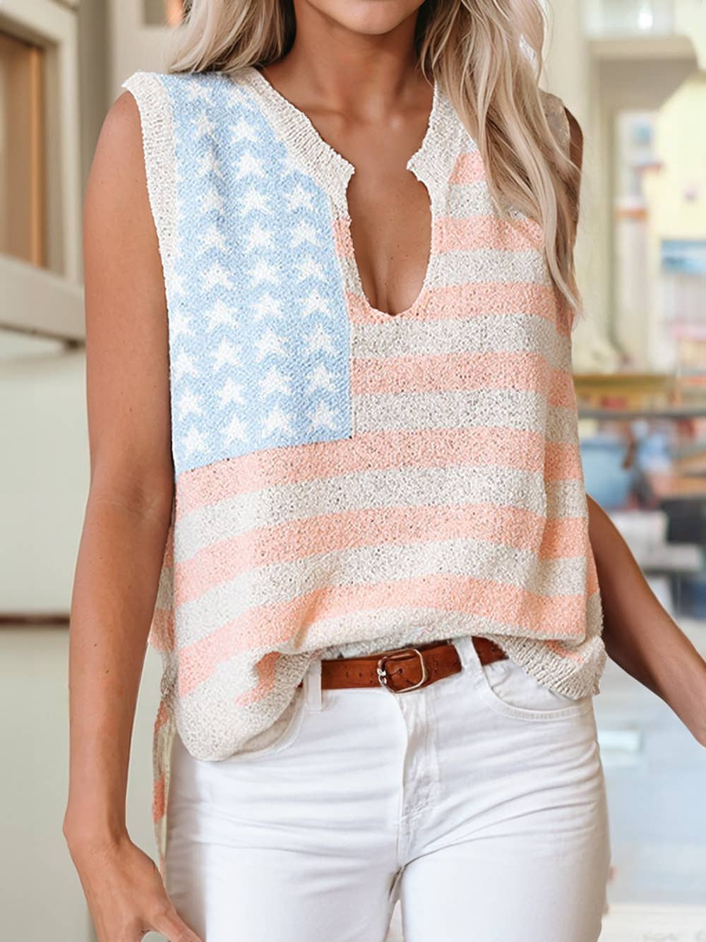 USA Flag Notched Neckline Loose Sweater Vest