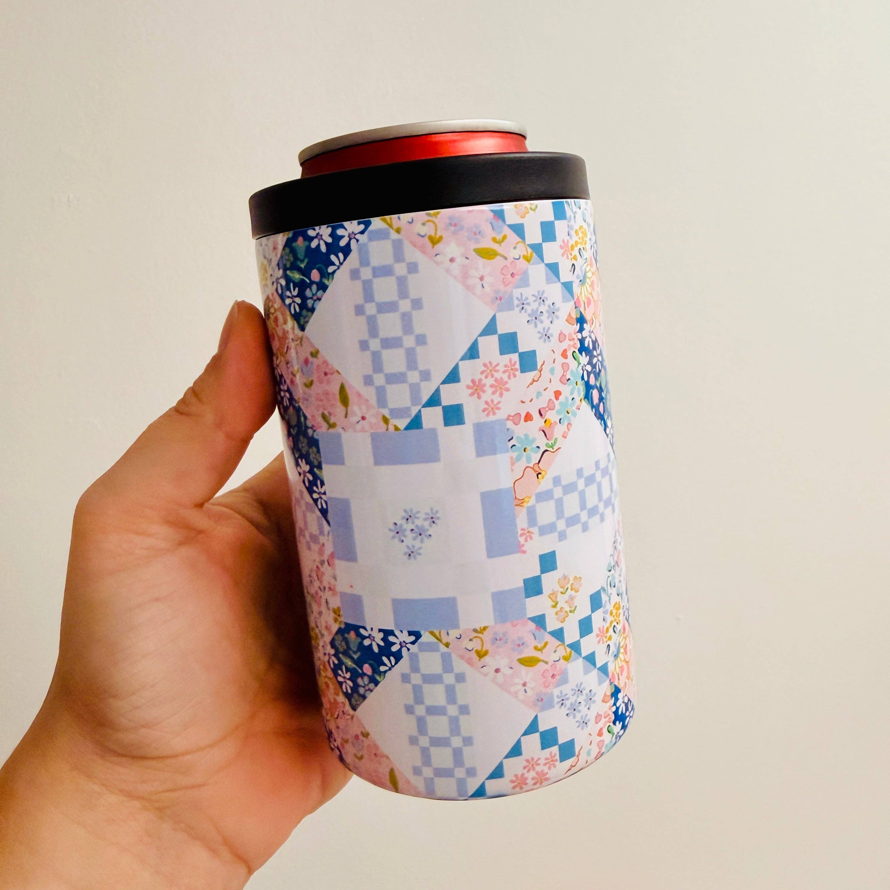 12 oz Can Cooler, Blue Quilt Pattern