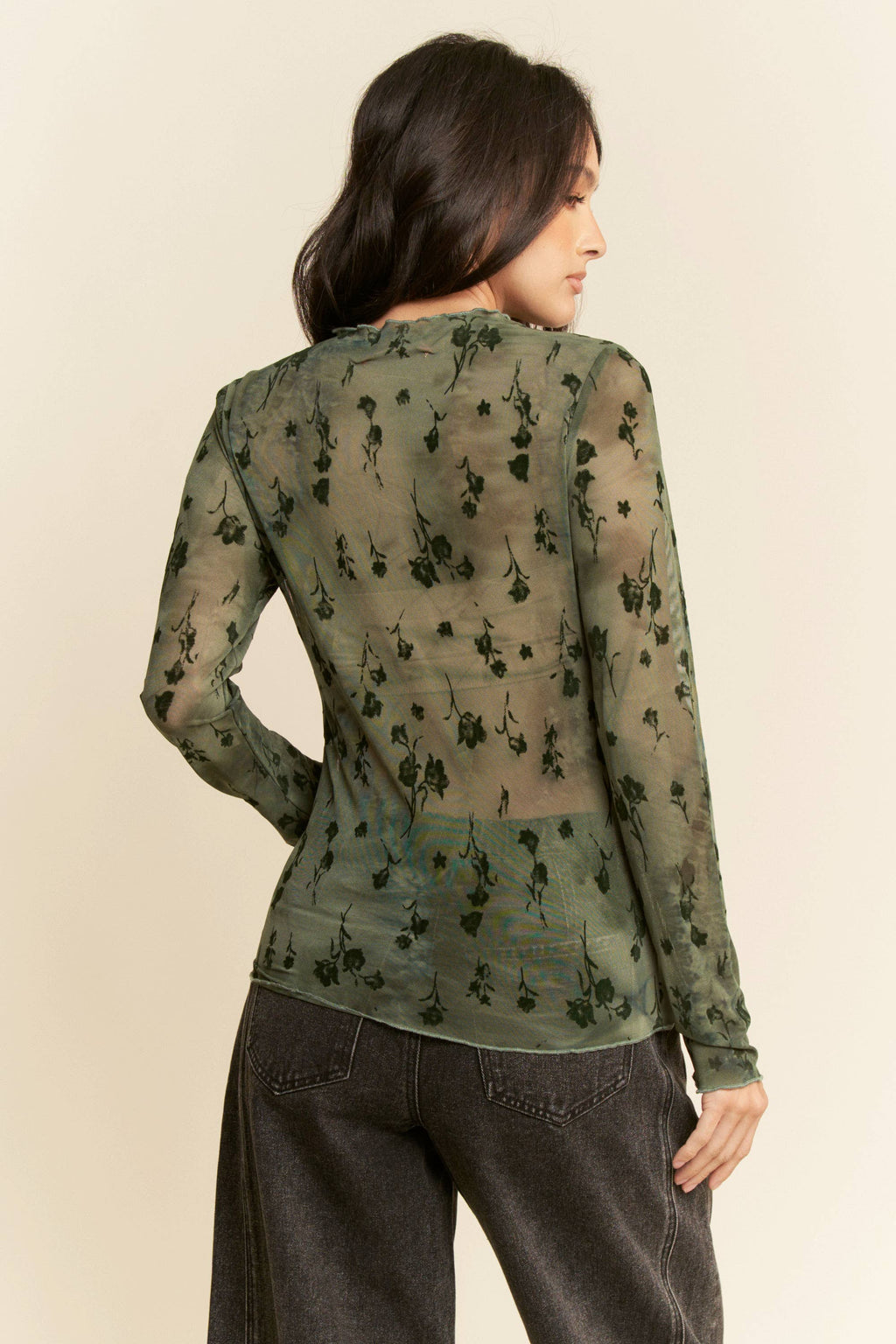 FLORAL MESH LONG SLEEVE SHEER LAYERING TOP
