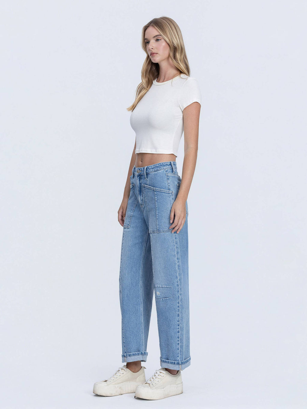 SUPER HIGH RISE PATCH POCKET CUFFED BARREL JEANS F9134
