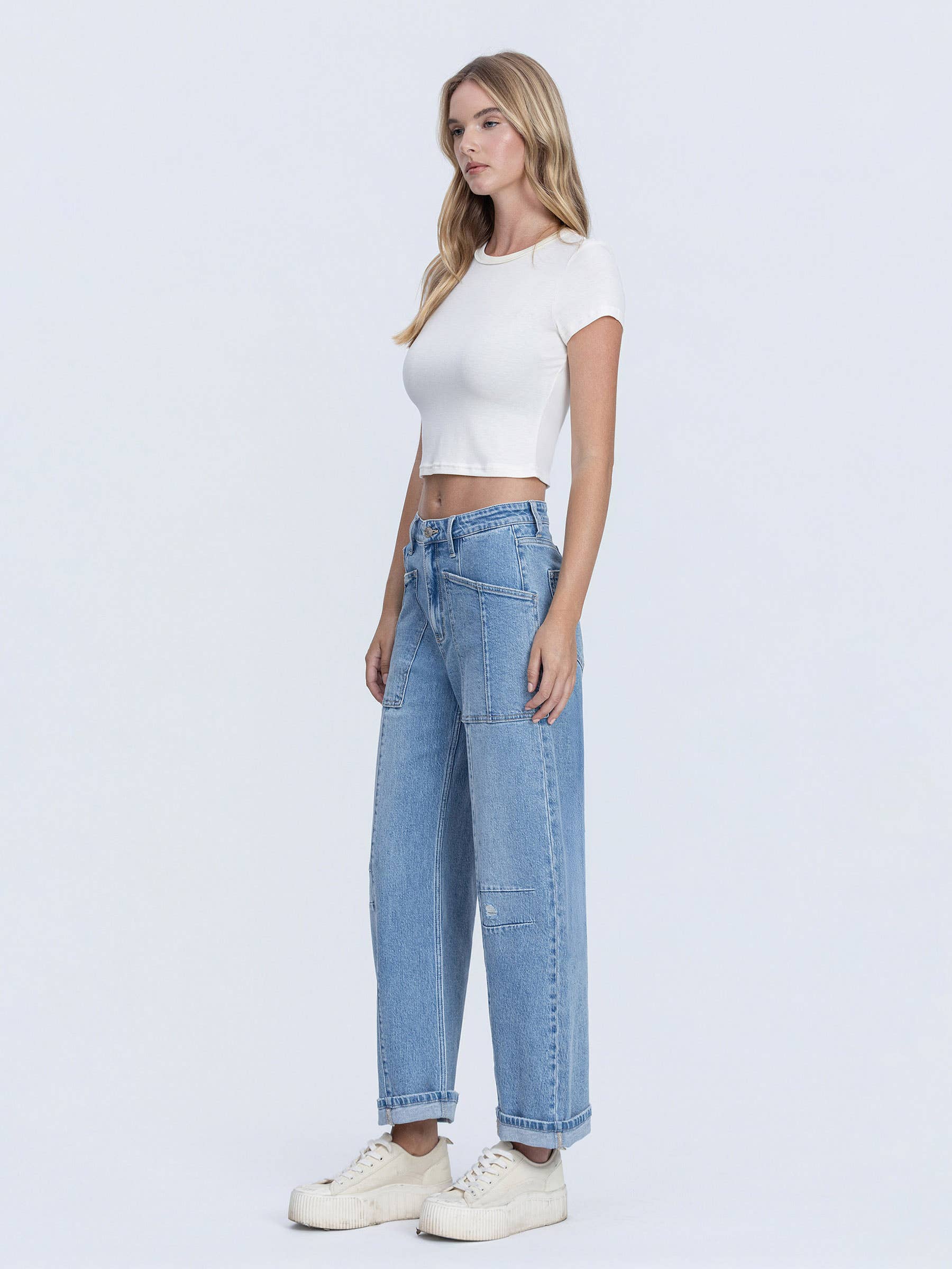 SUPER HIGH RISE PATCH POCKET CUFFED BARREL JEANS F9134