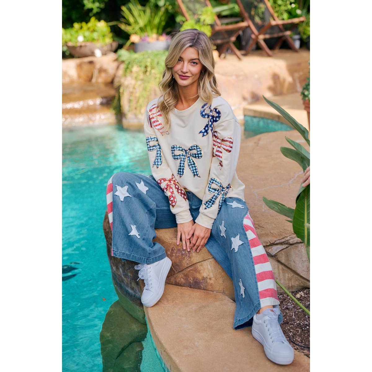 VINTAGE WASHED AMERICAN FLAG STAR CHAMBRAY PANTS