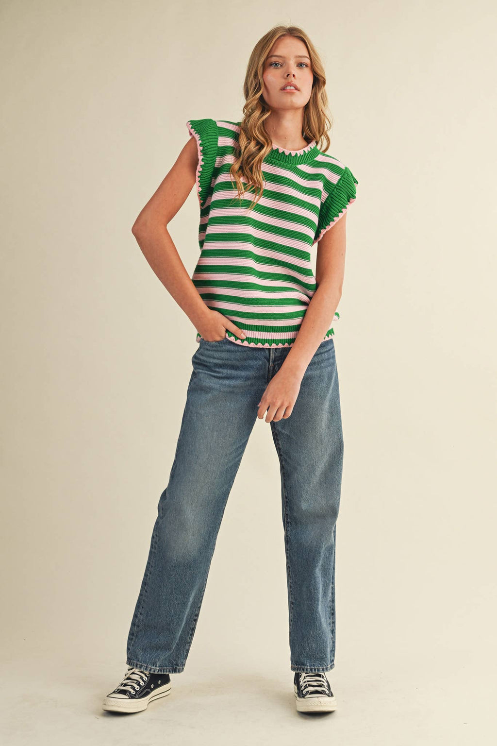 STRIPED FLUTTER SLEEVE SWEATER TOP