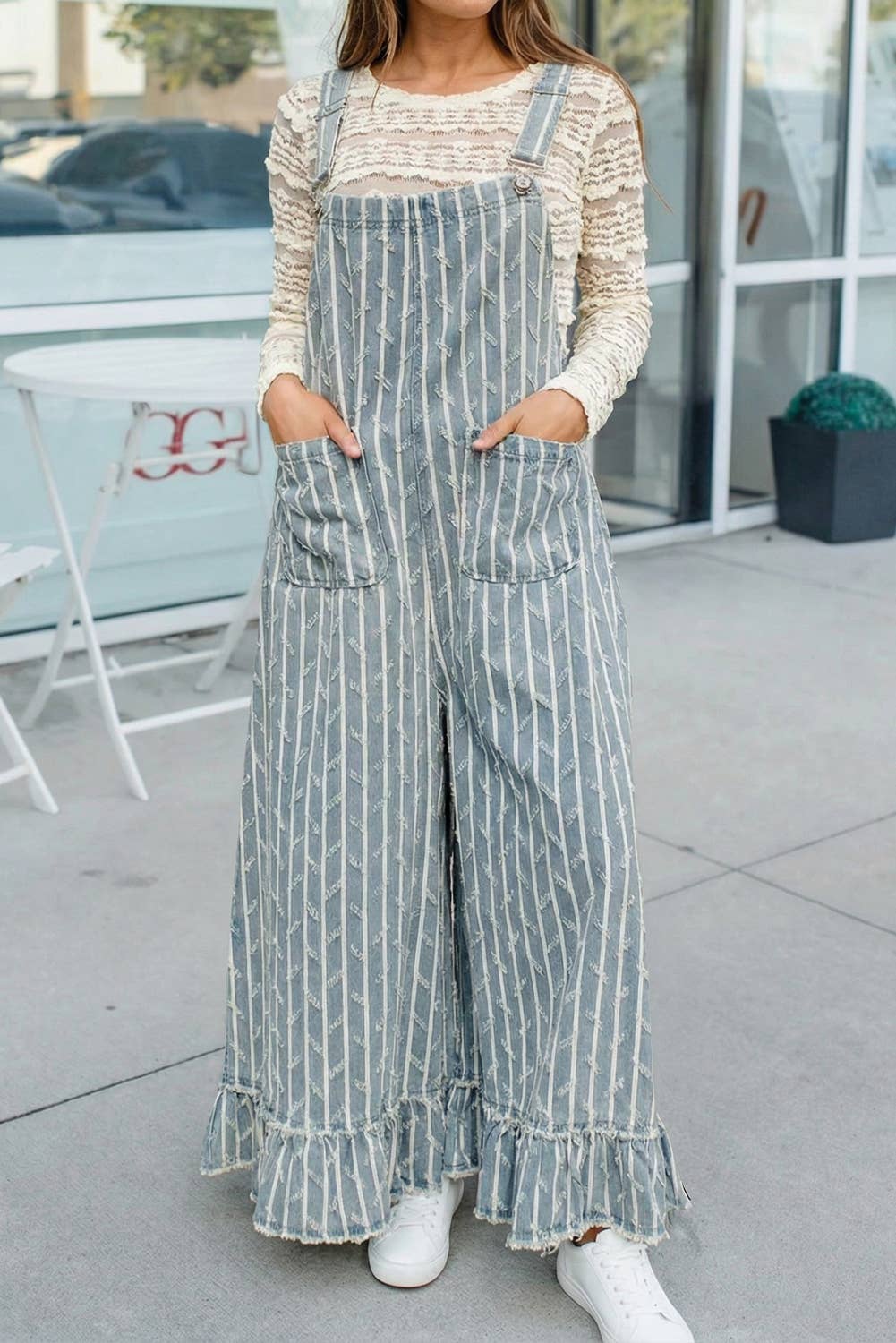 Striped Distressed Ruffled Wide Leg Denim Overalls