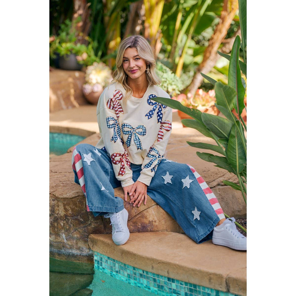 VINTAGE WASHED AMERICAN FLAG STAR CHAMBRAY PANTS