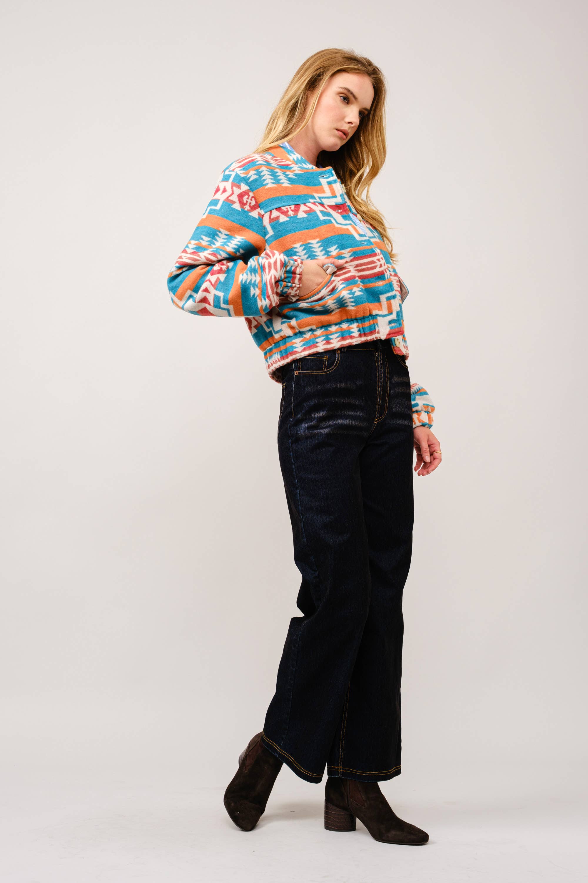 Jacquard Aztec Snap Up Bomber Jacket