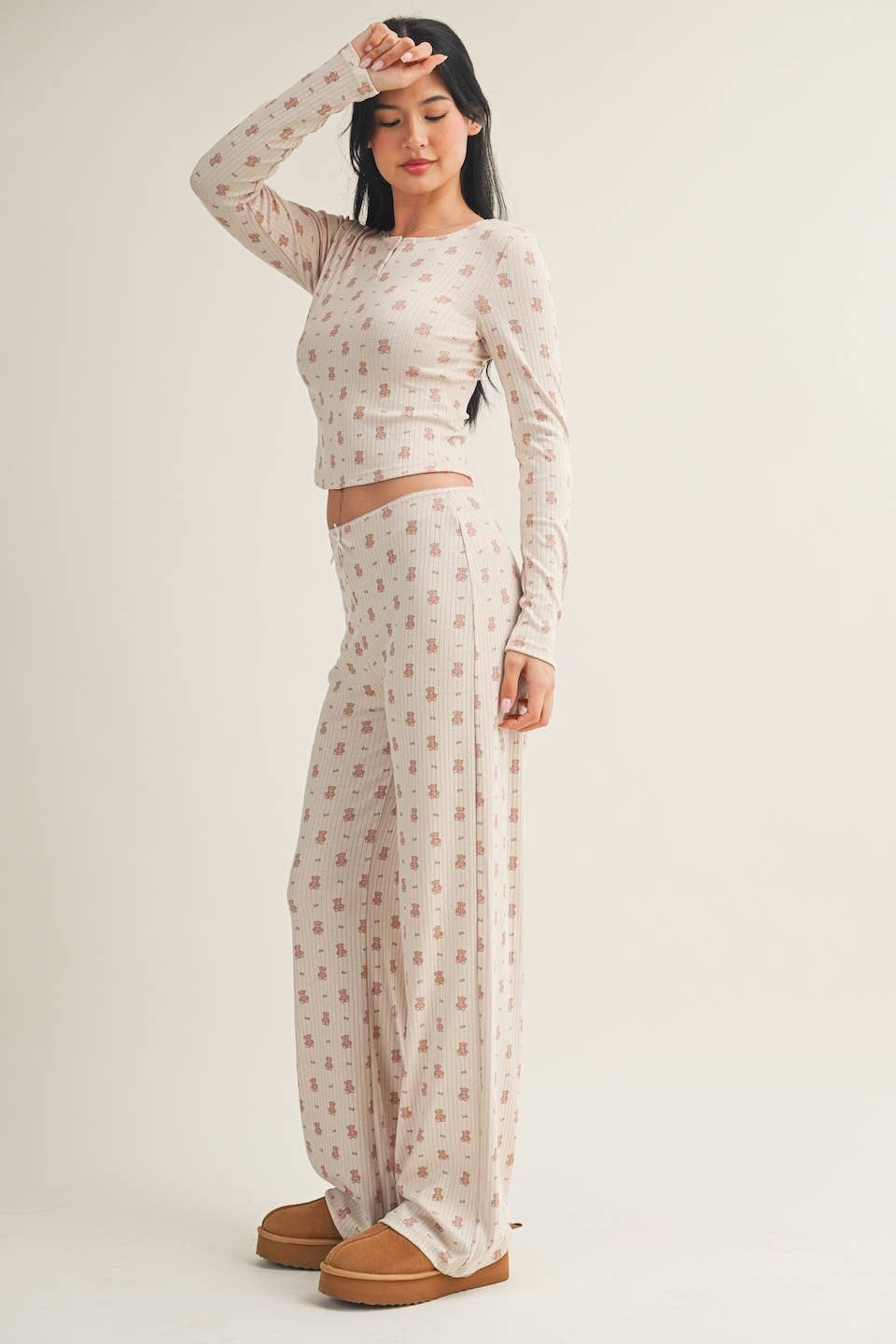 Crewneck Teddy Bear Print Pointelle Lounge Set