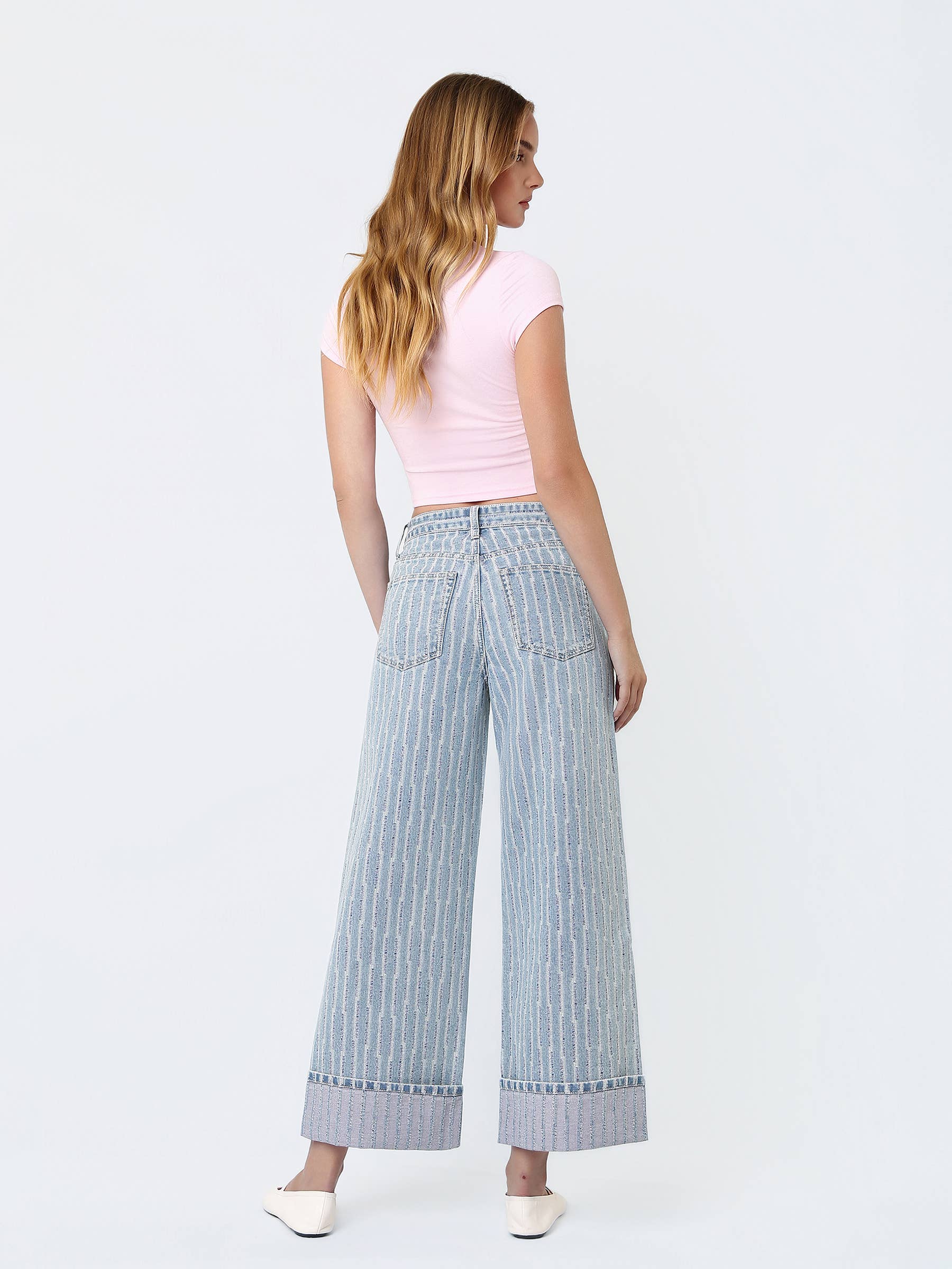 SUPER HIGH RISE CUFFED STRIPED WIDE LEG JEANS