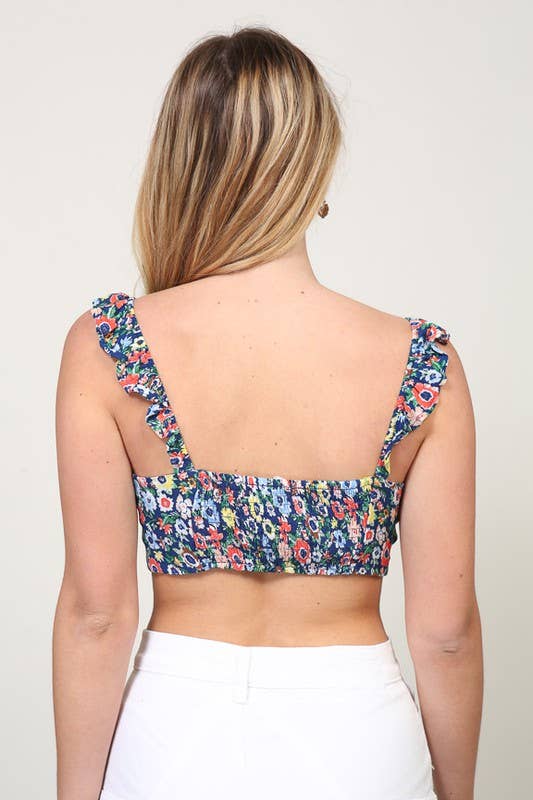 Floral Tie-Front Ruffle Strap Crop Top