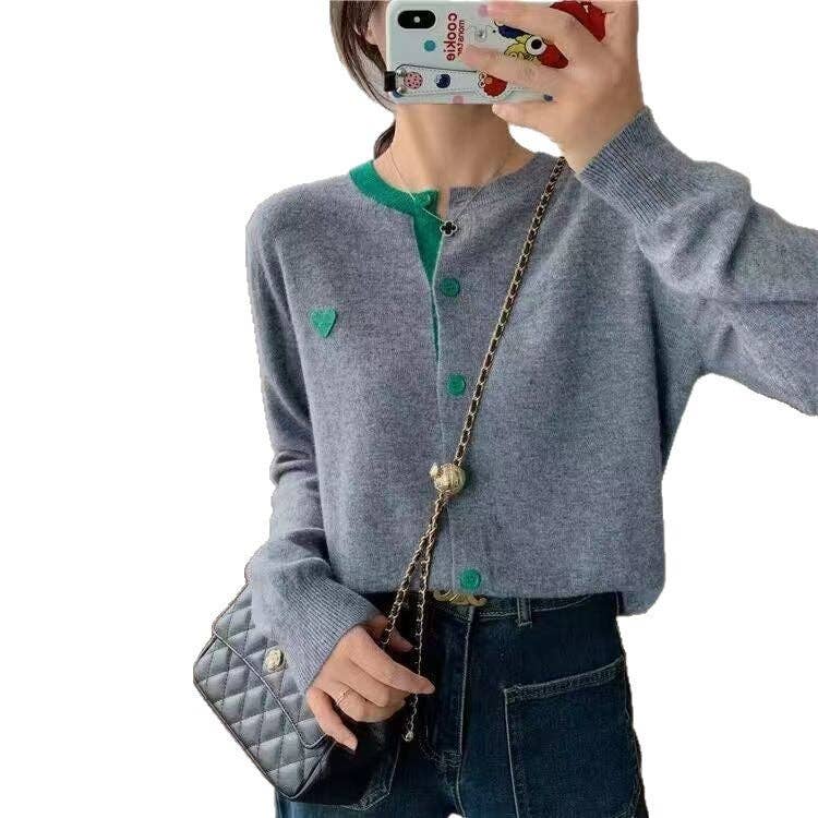 Heart Patch Color-Block Knit Cardigan